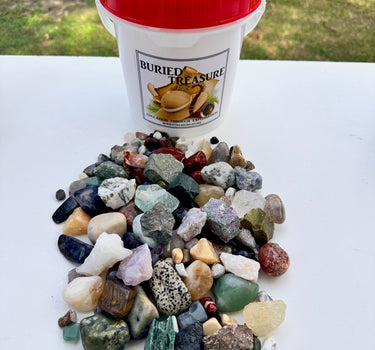 HALF GALLON NATURAL CRYSTAL ROUGH AND TUMBLED STONE MINING BUCKET