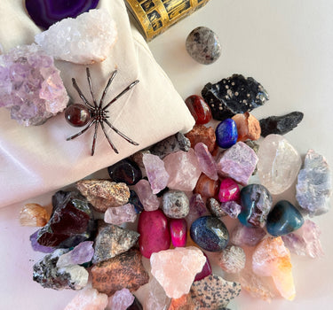 SPIDER EGG SACK NATURAL CRYSTAL RAW AND DYED TUMBLED STONE MINING BAG